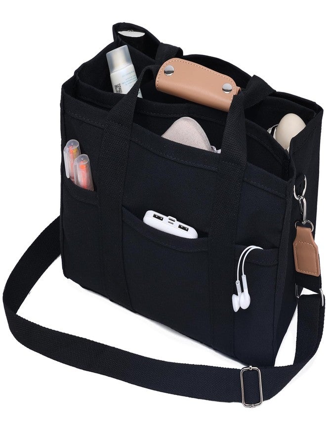 Barsine Canvas Tote Bag with Compartments Pockets Stylish Lightweight Messenger Bags for Work Church College, Black - Image 1