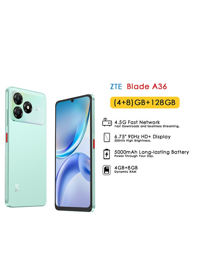 زد تي اي هاتف Blade A36 ثنائي الشريحة لون أخضر مائي 4GB+8GB RAM 128GB 4G - نسخة الشرق الأوسط - Image 1