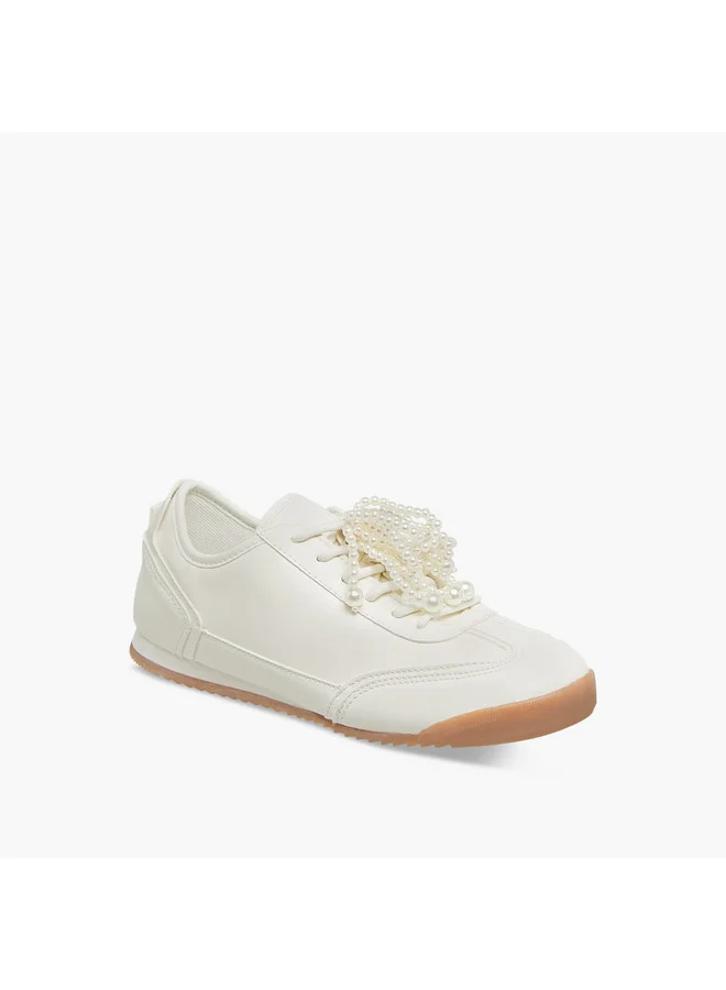 MISSY Women Pearl Embellished Sneakers with Lace-Up Closure