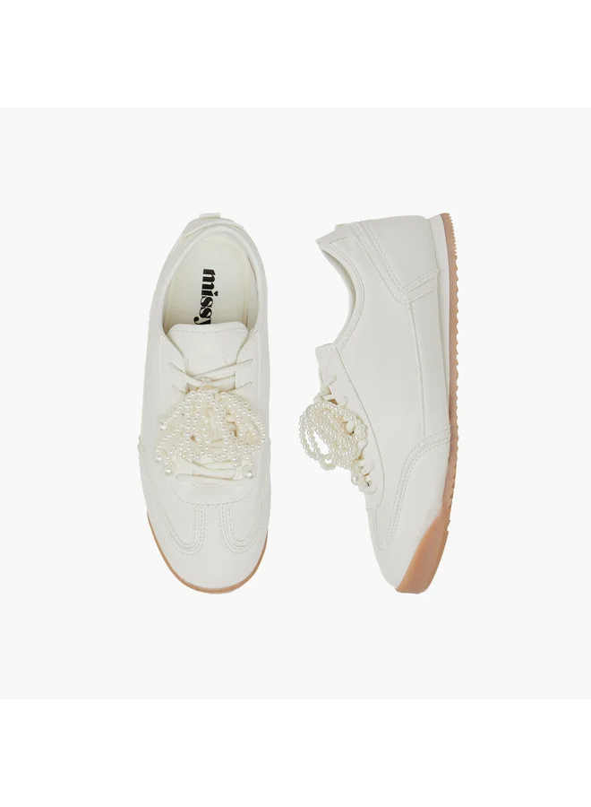 MISSY Women Pearl Embellished Sneakers with Lace-Up Closure