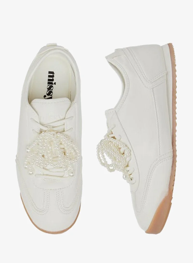 MISSY Women Pearl Embellished Sneakers with Lace-Up Closure