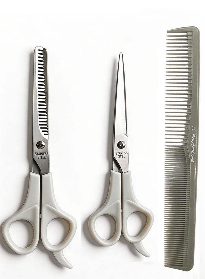 3pcs Hair Scissors With Comb, Portable Hairdressing Scissors, Hair Cutting Scissors Thinning Shears With Hairdressing Comb Grey - Image 1