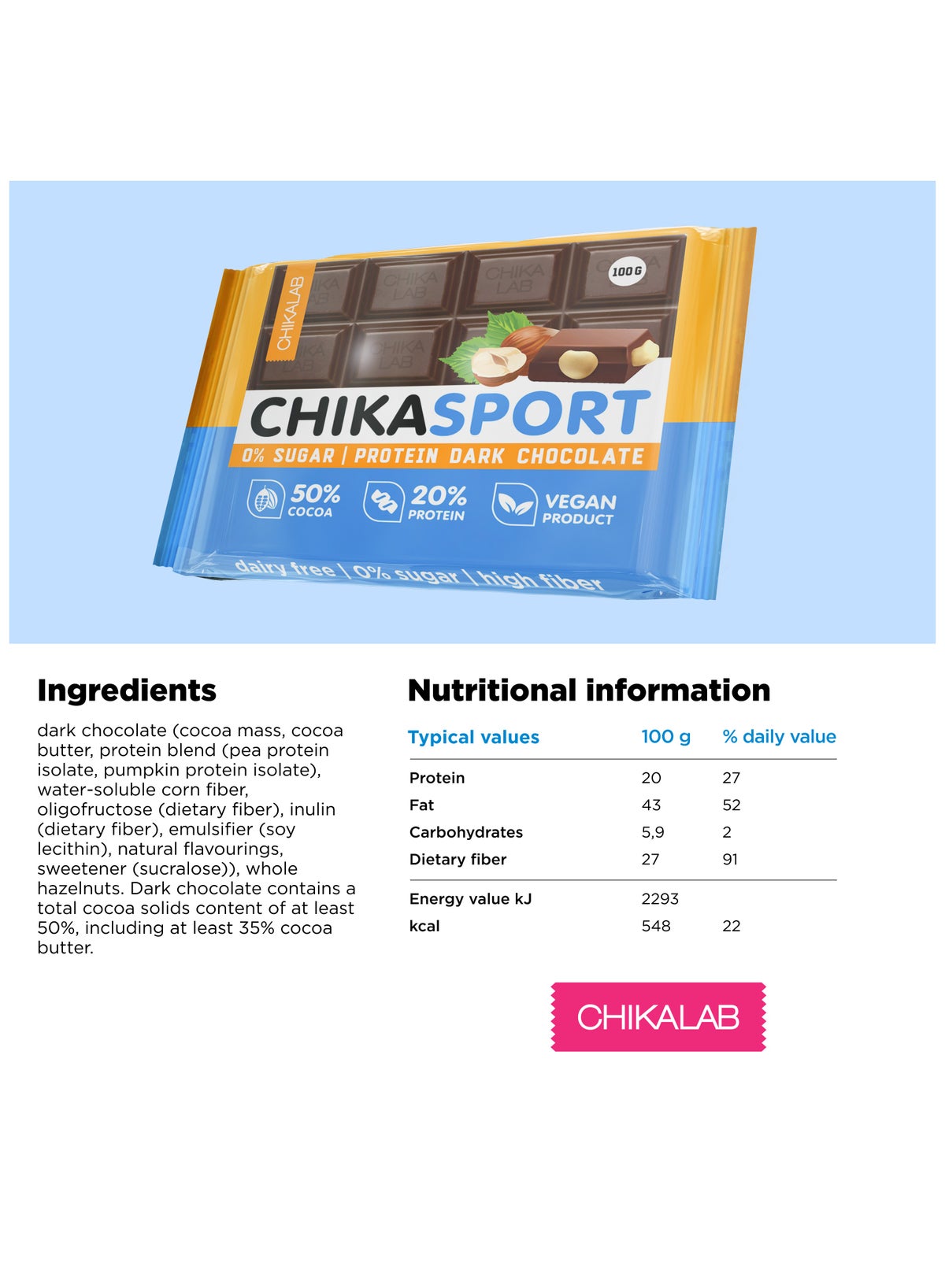 Chikasport Vegan Protein Dark Chocolate With Hazelnut High Fiber, Dairy Free & No Sugar Added 4X100G