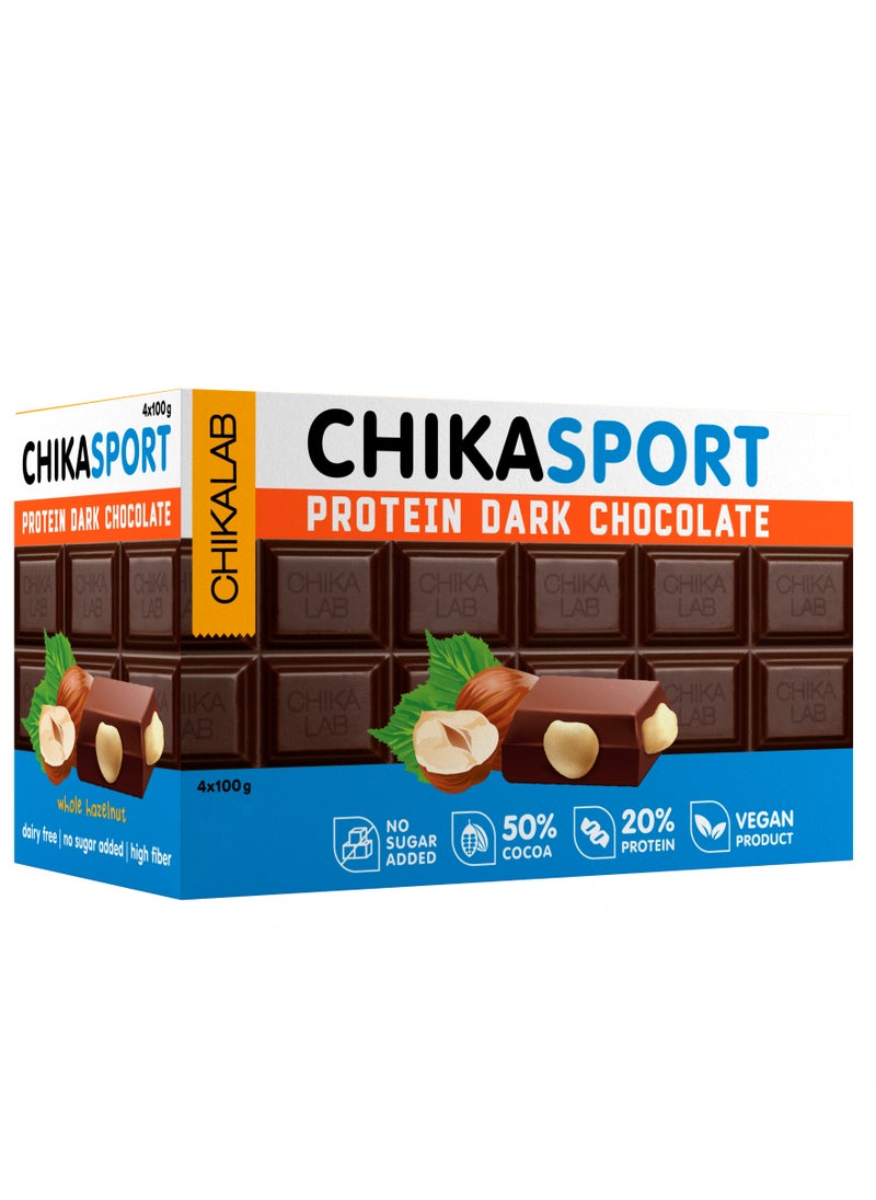Chikalab CHIKASPORT Vegan Protein Dark Chocolate with Hazelnut High Fiber, Dairy Free & No Sugar Added 4x100g  - Image 1