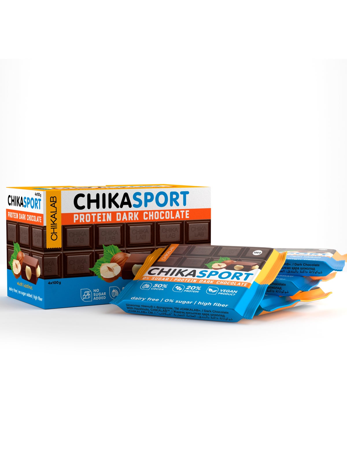 Chikasport Vegan Protein Dark Chocolate With Hazelnut High Fiber, Dairy Free & No Sugar Added 4X100G