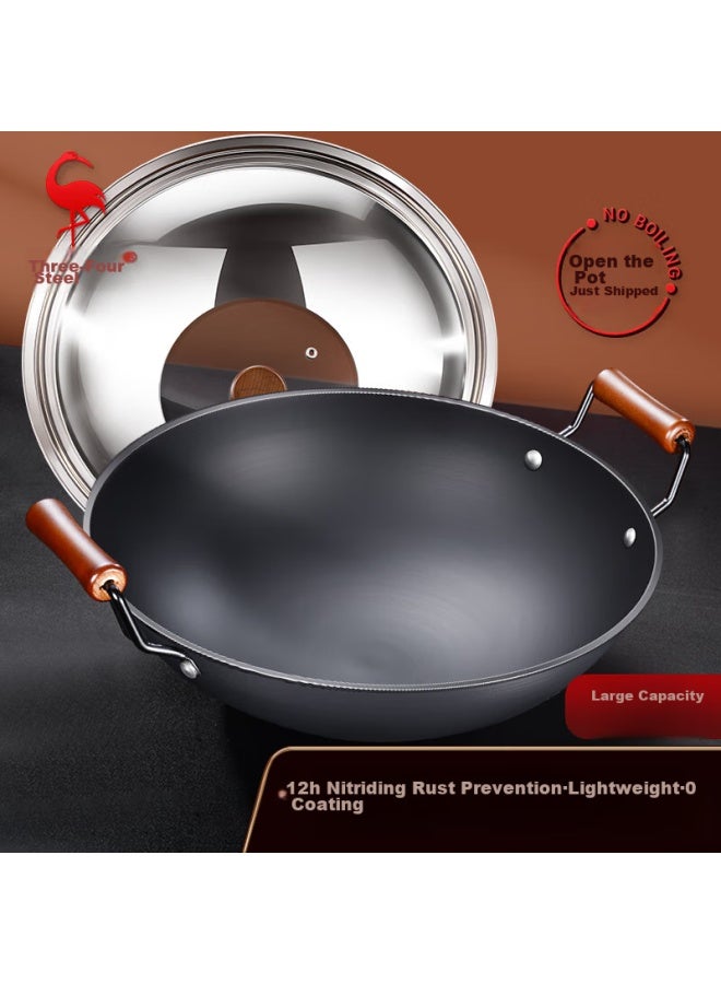 SSGP San Si Steel Double-handled Iron Wok, Large Stir-fry Pan, Non-coated, For Gas Stove, Round Bottom, Pre-seasoned, Commercial And Home Use, 38cm, 30272 - Image 1