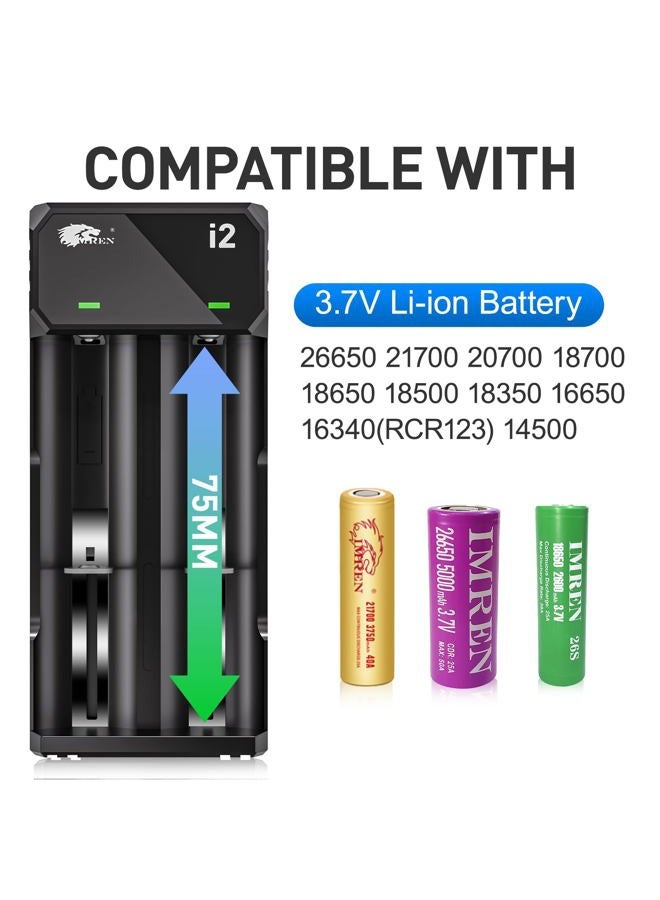 Imren شاحن بطارية IMREN 18650، شاحن بطارية 3.7 فولت لبطاريات Li-ion 18650 18350 18500 16340 14500 20700 21700 26650، شاحن سريع USB-C 18650 (2 فتحة) - Image 2
