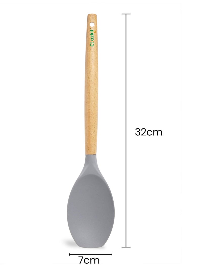 Clazkit Silicone Serving Spoon with Heat Resistant Stay-Cool Wooden Handle (Yhw843, Grey) - 32.3 Cm - Image 3