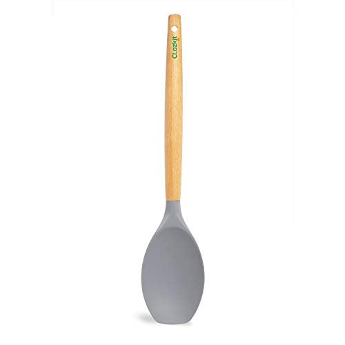 Clazkit Silicone Serving Spoon with Heat Resistant Stay-Cool Wooden Handle (Yhw843, Grey) - 32.3 Cm - Image 1
