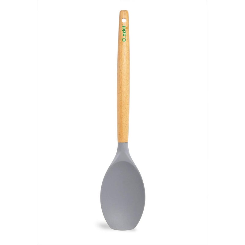 Clazkit Silicone Serving Spoon with Heat Resistant Stay-Cool Wooden Handle (Yhw843, Grey) - 32.3 Cm - Image 4