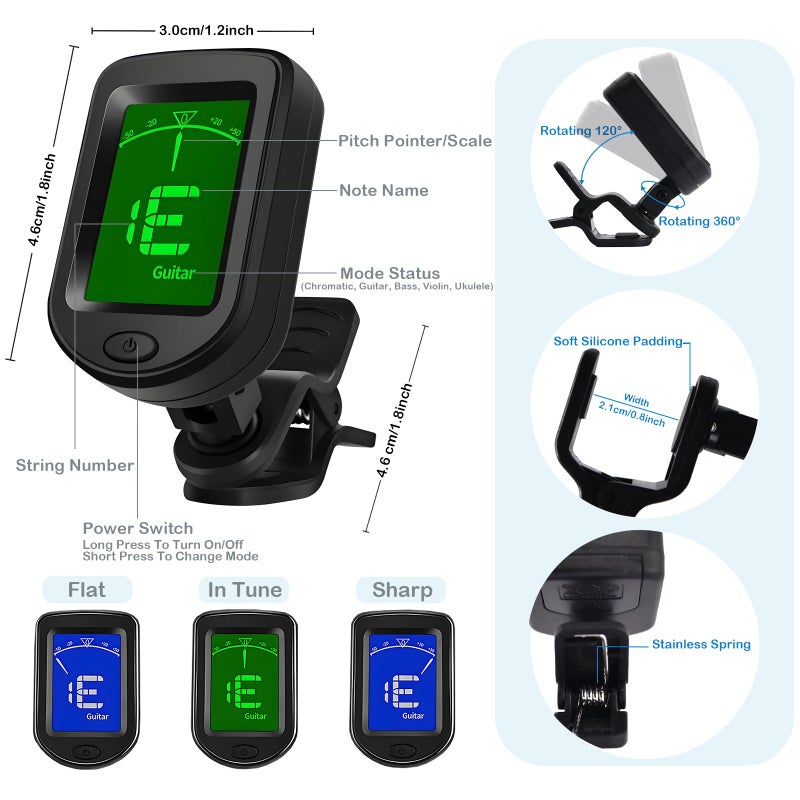 Histacy Guitar Accessories Kit: Clip-On Guitar Tuner, 3-in-1 Capo, 30 Picks & Storage for Acoustic, Electric Guitar, Bass & Ukulele, All-in-One Perfect Guitar Gift Set for Men & Beginners & Pros - Image 2