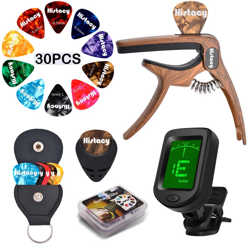 Histacy Guitar Accessories Kit: Clip-On Guitar Tuner, 3-in-1 Capo, 30 Picks & Storage for Acoustic, Electric Guitar, Bass & Ukulele, All-in-One Perfect Guitar Gift Set for Men & Beginners & Pros - Image 1