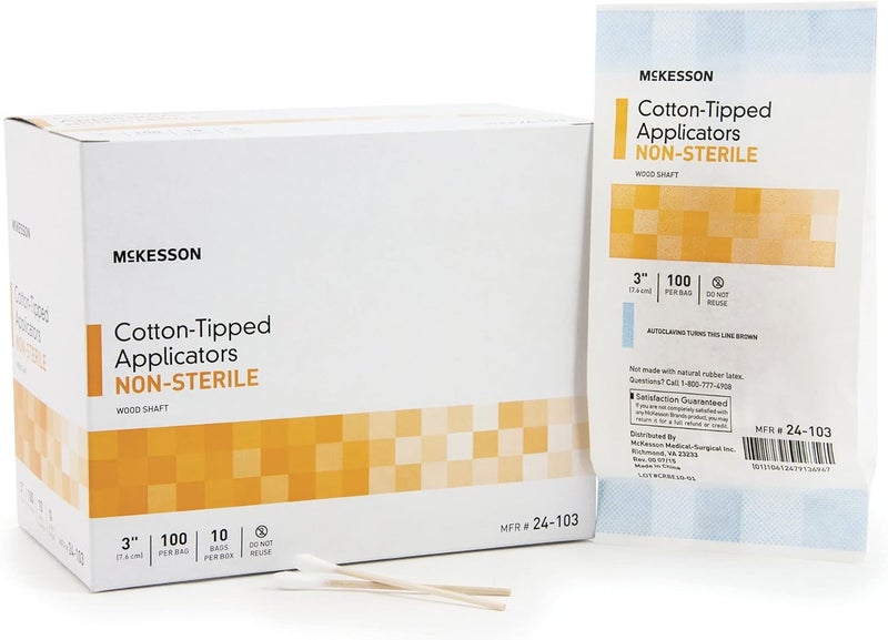 McKesson Cotton-Tipped Applicator Swabstick, Non-Sterile, Wood Shaft, 3 in, 100 Count, 10 Packs, 1000 Total
