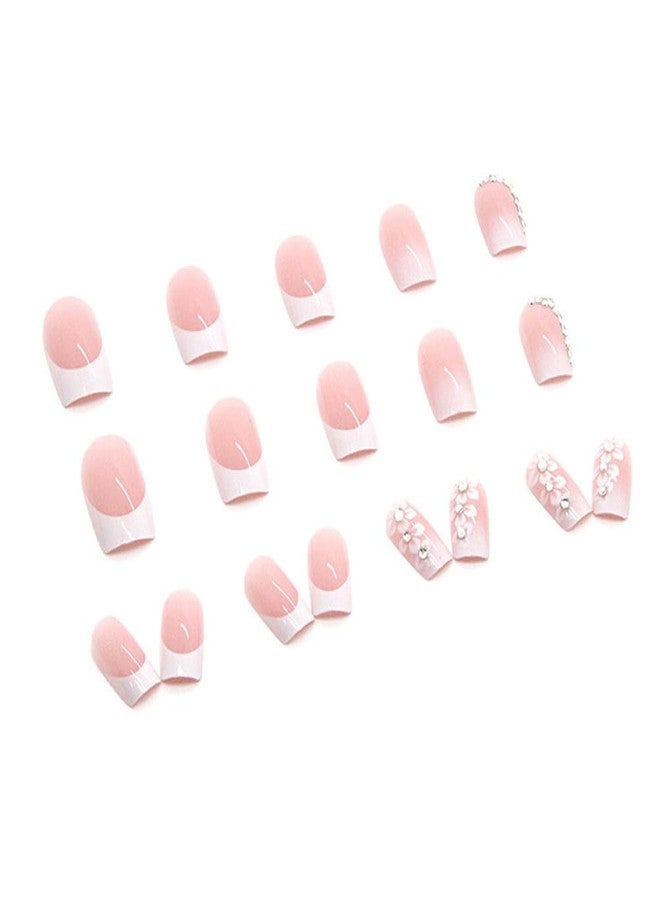 WAFOLOZE 24Pcs French Tip press on Nails,Acrylic Press on Nails medium Fake/False Nails With Rhinestone Flower Press ons Designs White French Tip Artificial Nails Stick on Nails For Women Girls - Image 4