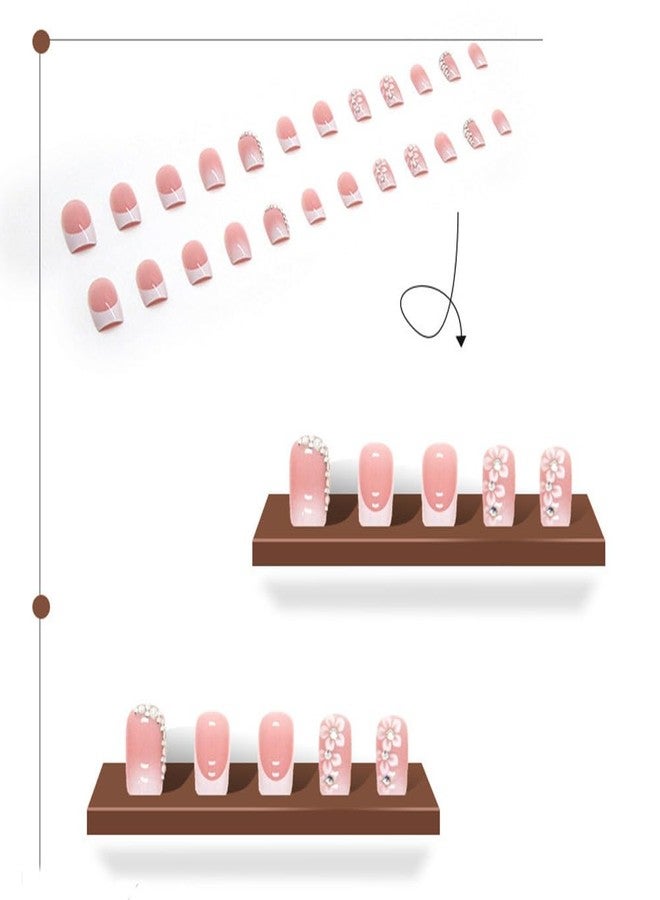 WAFOLOZE 24Pcs French Tip press on Nails,Acrylic Press on Nails medium Fake/False Nails With Rhinestone Flower Press ons Designs White French Tip Artificial Nails Stick on Nails For Women Girls - Image 5