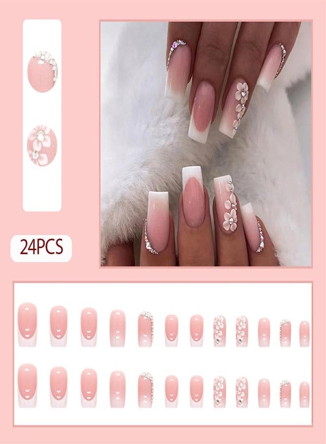 WAFOLOZE 24Pcs French Tip press on Nails,Acrylic Press on Nails medium Fake/False Nails With Rhinestone Flower Press ons Designs White French Tip Artificial Nails Stick on Nails For Women Girls - Image 2