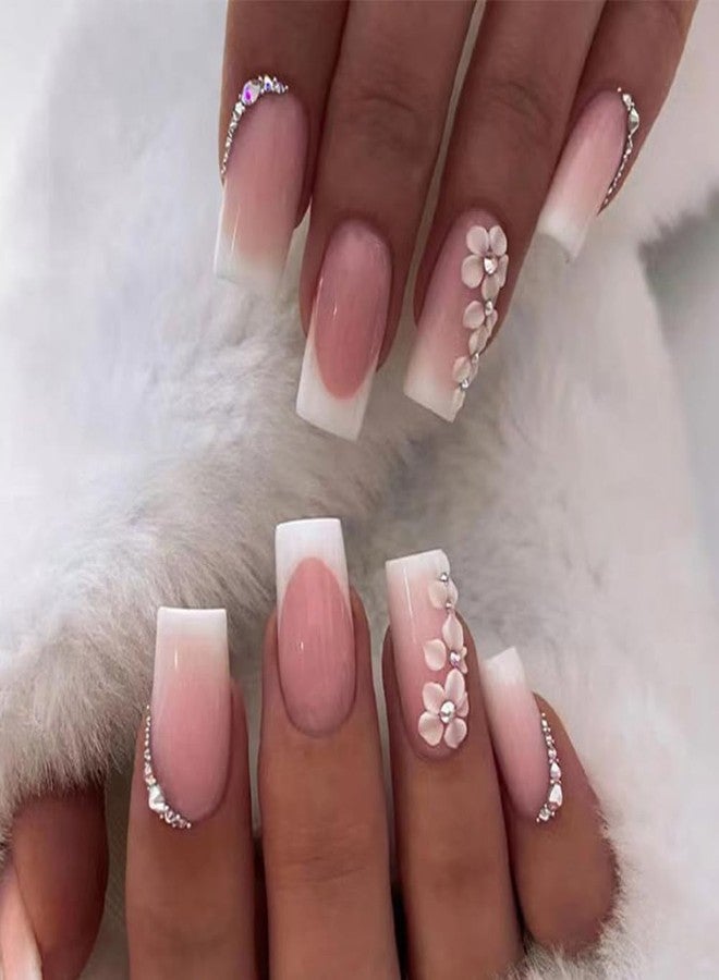 WAFOLOZE 24Pcs French Tip press on Nails,Acrylic Press on Nails medium Fake/False Nails With Rhinestone Flower Press ons Designs White French Tip Artificial Nails Stick on Nails For Women Girls - Image 1
