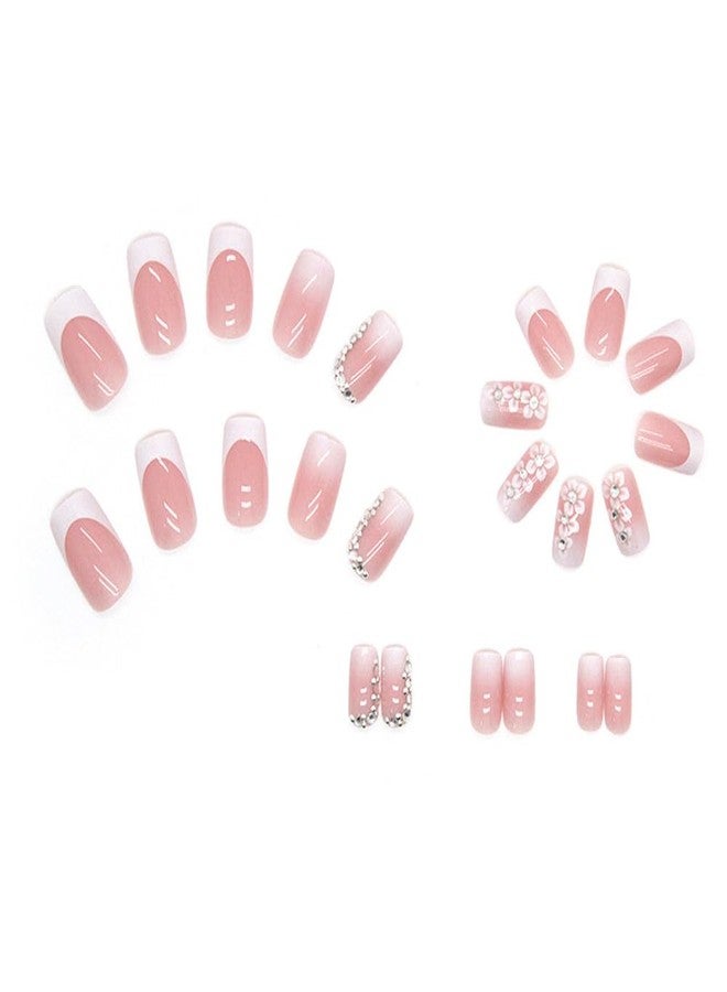 WAFOLOZE 24Pcs French Tip press on Nails,Acrylic Press on Nails medium Fake/False Nails With Rhinestone Flower Press ons Designs White French Tip Artificial Nails Stick on Nails For Women Girls - Image 3