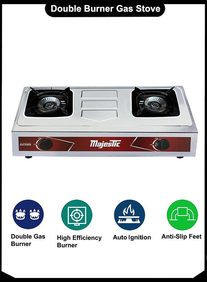 Majestic Double Burner Gas Stove – 69x36 cm, High-Efficiency Steel Burners, Stainless Steel Body, Auto Ignition, MS-Powder Coated Pan Support, Anti-Slip Feet – Ideal for Home & Commercial Use - Image 2