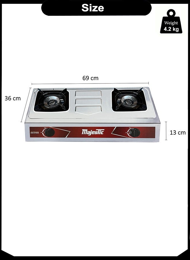 Majestic Double Burner Gas Stove – 69x36 cm, High-Efficiency Steel Burners, Stainless Steel Body, Auto Ignition, MS-Powder Coated Pan Support, Anti-Slip Feet – Ideal for Home & Commercial Use - Image 3