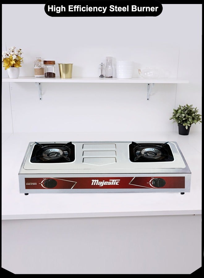 Majestic Double Burner Gas Stove – 69x36 cm, High-Efficiency Steel Burners, Stainless Steel Body, Auto Ignition, MS-Powder Coated Pan Support, Anti-Slip Feet – Ideal for Home & Commercial Use - Image 4