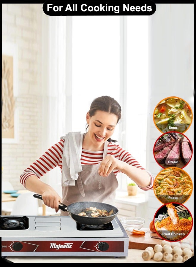 Majestic Double Burner Gas Stove – 69x36 cm, High-Efficiency Steel Burners, Stainless Steel Body, Auto Ignition, MS-Powder Coated Pan Support, Anti-Slip Feet – Ideal for Home & Commercial Use - Image 5