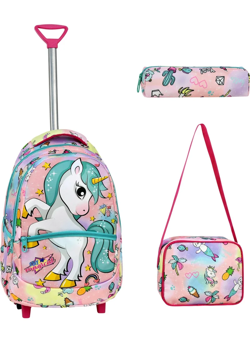 Çantaland 3-Piece School Set with Trolley, Unicorn Patterned Primary School Bag + Lunch Box + Pencil Case