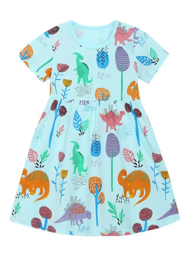 YUNIQEE Turquoise Blue A-Line Crew Neck Printed Dress