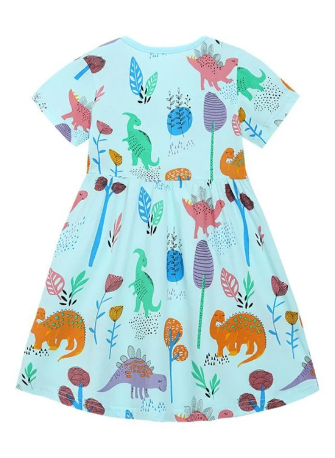YUNIQEE Turquoise Blue A-Line Crew Neck Printed Dress