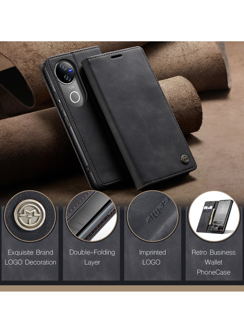 CaseMe Phone Case Luxury PU Leather Design 013 Flip Cover Card Slot Holder Cover For Vivo V50 (Black ) - Image 3