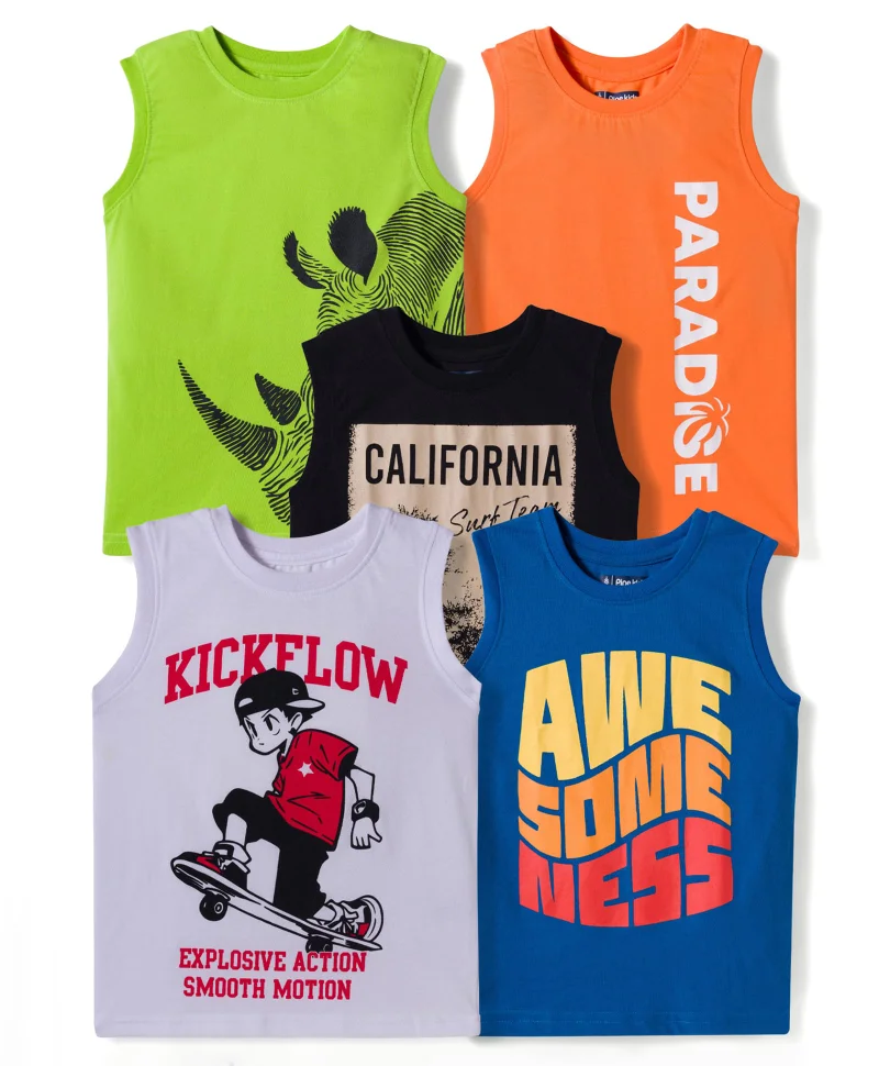 Pine Kids Pine Kids Sleeveless Tank T-Shirts with Text Print (Pack of 5) - Multicolor