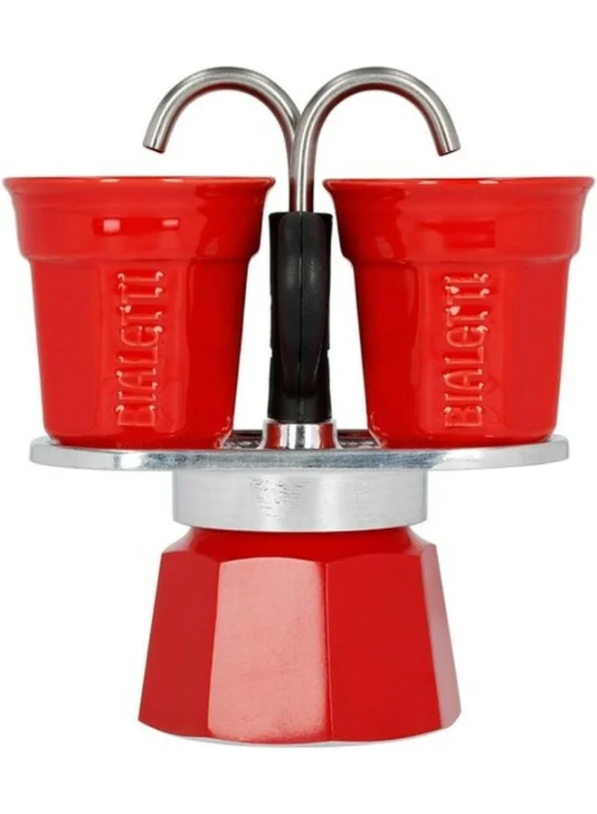 BIALeTTI Mini Express Color: Moka Set Includes Coffee Maker 2 Cup 2.8 Oz + 2 Shot Glasses Red Aluminium