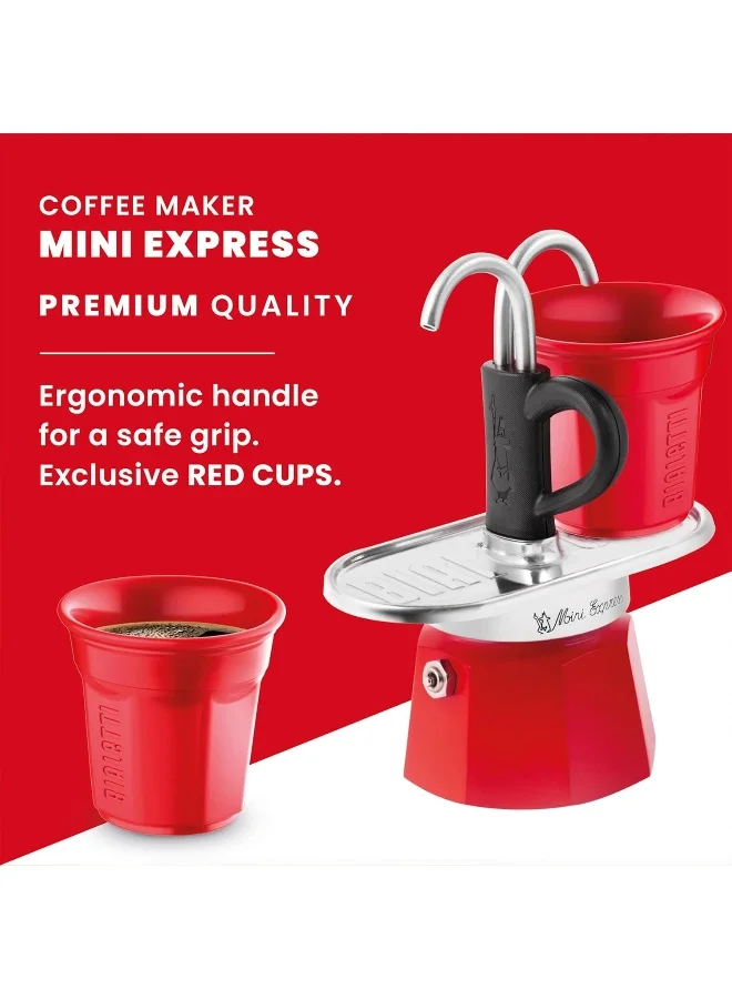 BIALeTTI Mini Express Color: Moka Set Includes Coffee Maker 2 Cup 2.8 Oz + 2 Shot Glasses Red Aluminium