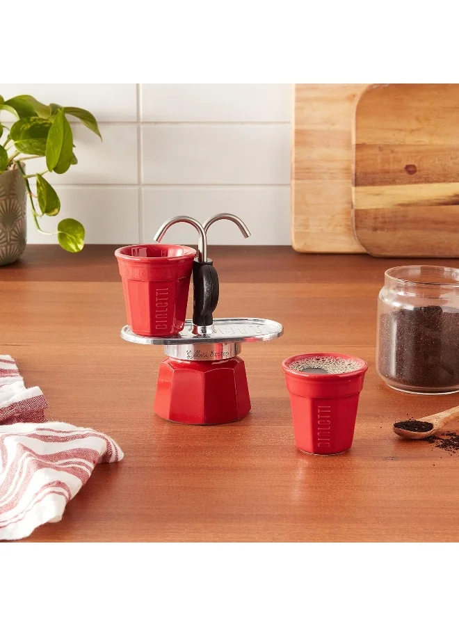 BIALeTTI Mini Express Color: Moka Set Includes Coffee Maker 2 Cup 2.8 Oz + 2 Shot Glasses Red Aluminium