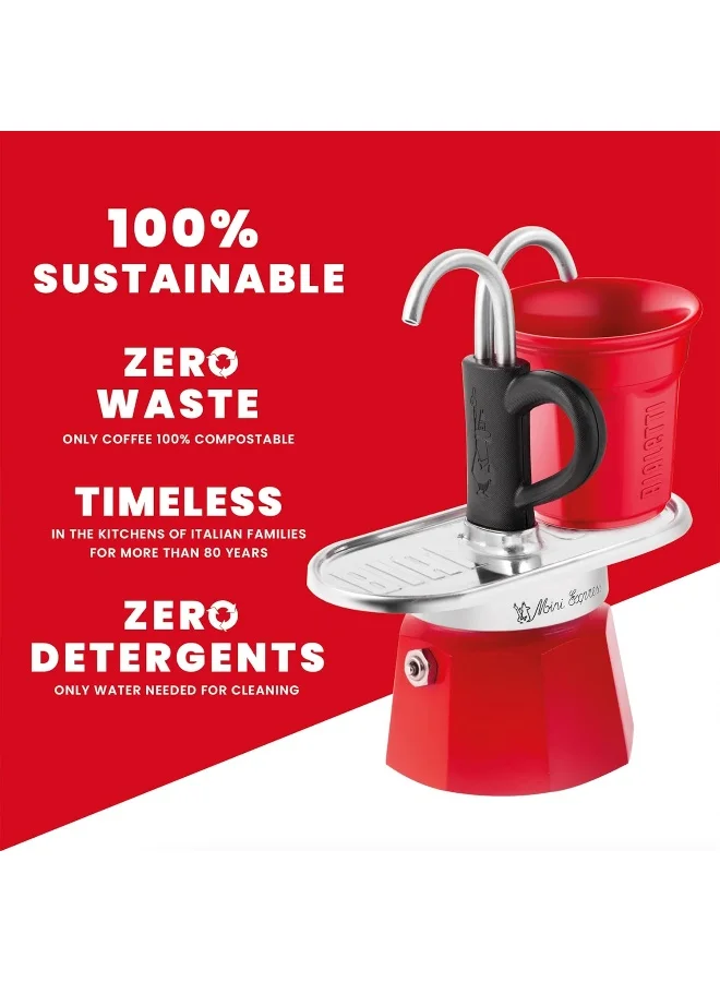BIALeTTI Mini Express Color: Moka Set Includes Coffee Maker 2 Cup 2.8 Oz + 2 Shot Glasses Red Aluminium