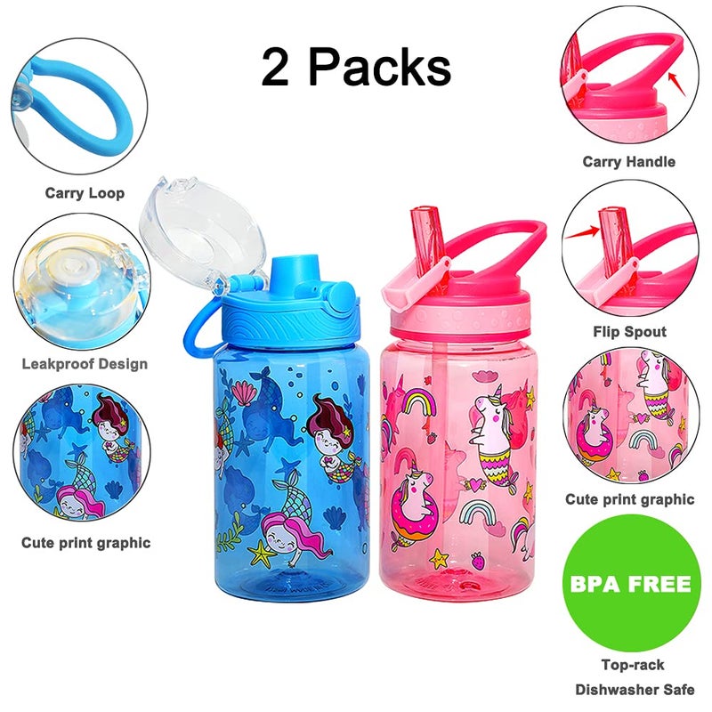 Home Tune 16oz Kids Water Drinking Bottle - Tritan BPA Free  Auto Flip Chug Lid  Sip Straw Lid  Carry Loop  Lightweight  Leak-Proof  Cute Design For Girls & Boys - 2 Pack Panda & Airplane - Image 2