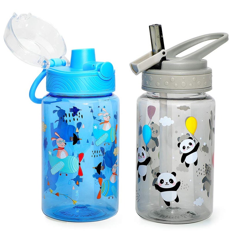 Home Tune 16oz Kids Water Drinking Bottle - Tritan BPA Free  Auto Flip Chug Lid  Sip Straw Lid  Carry Loop  Lightweight  Leak-Proof  Cute Design For Girls & Boys - 2 Pack Panda & Airplane - Image 1