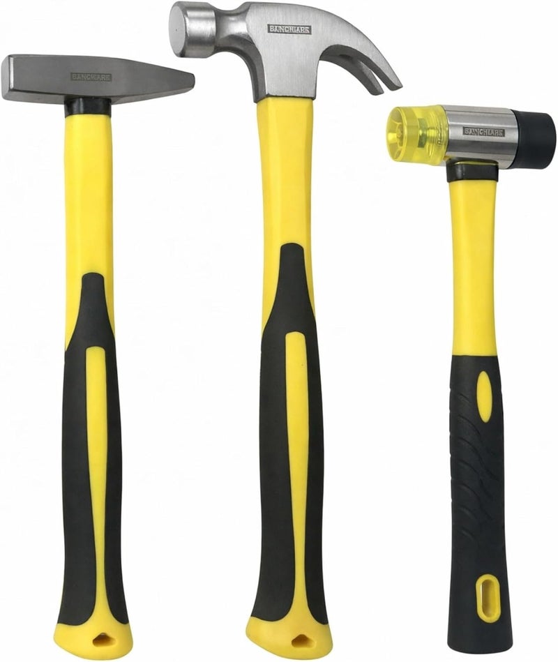 - 3 Piece Hammer Set; 16 OZ. Claw Hammer, Tack Hammer; Rubber Mallet (Double SIded); Shock Absorbing Rubber Grips, Durable Fiberglass Handles And Polished Steel Heads