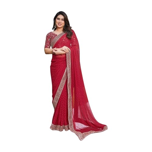 Shiv Textiles Women's Georgette Bandhani Printed & Lace Border Saree(VND-601-RED) - Image 1