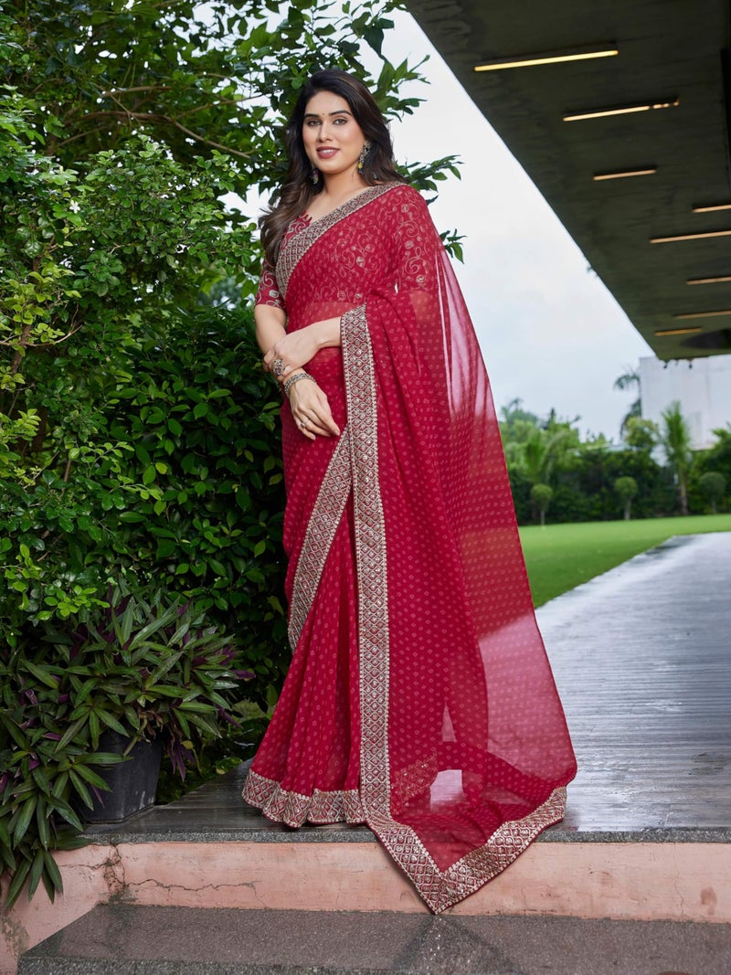 Shiv Textiles Women's Georgette Bandhani Printed & Lace Border Saree(VND-601-RED) - Image 3