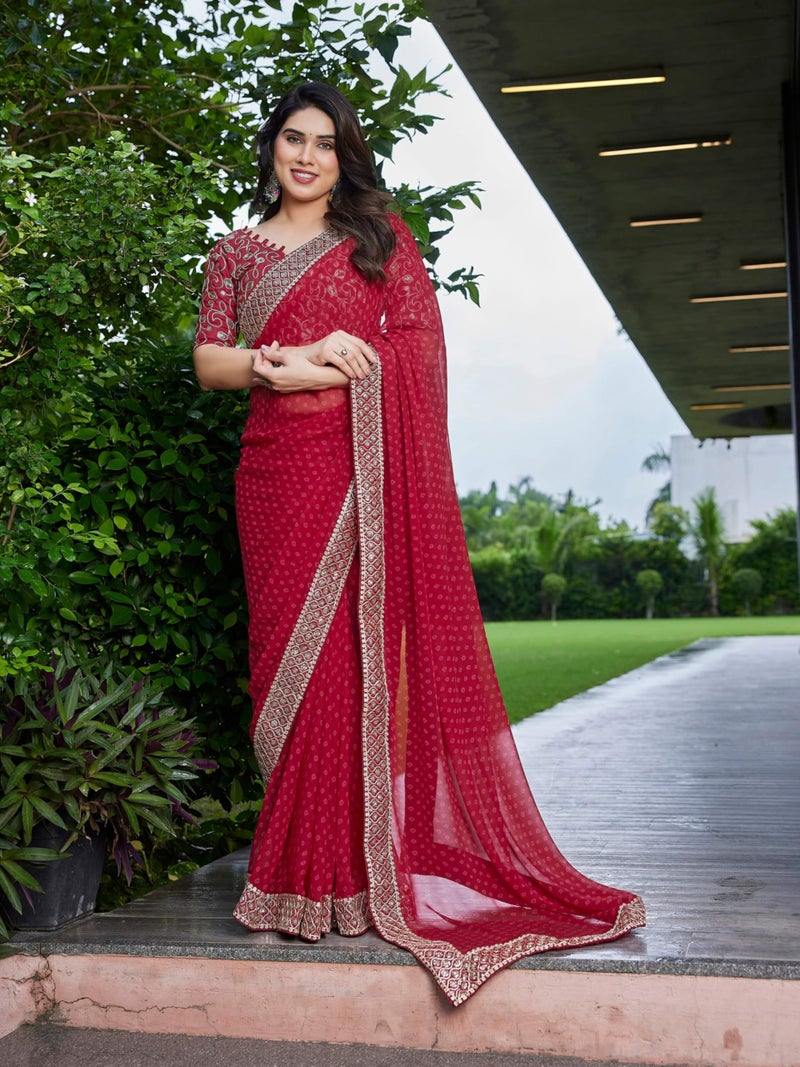 Shiv Textiles Women's Georgette Bandhani Printed & Lace Border Saree(VND-601-RED) - Image 2