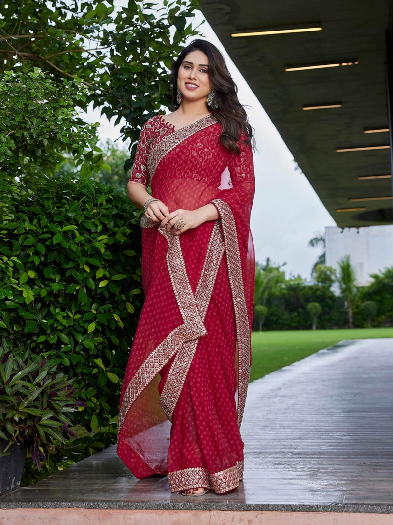 Shiv Textiles Women's Georgette Bandhani Printed & Lace Border Saree(VND-601-RED) - Image 5
