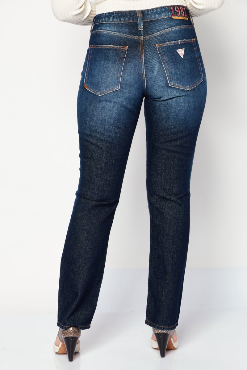 GUESS Women Straight Fit High Waist Washed Non-Stretchable Denim, Dark Blue - Image 4