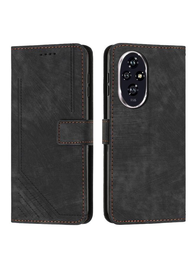 Green Tiger For Honor 200 Skin Feel Stripe Pattern Leather Phone Case with Lanyard(Black)