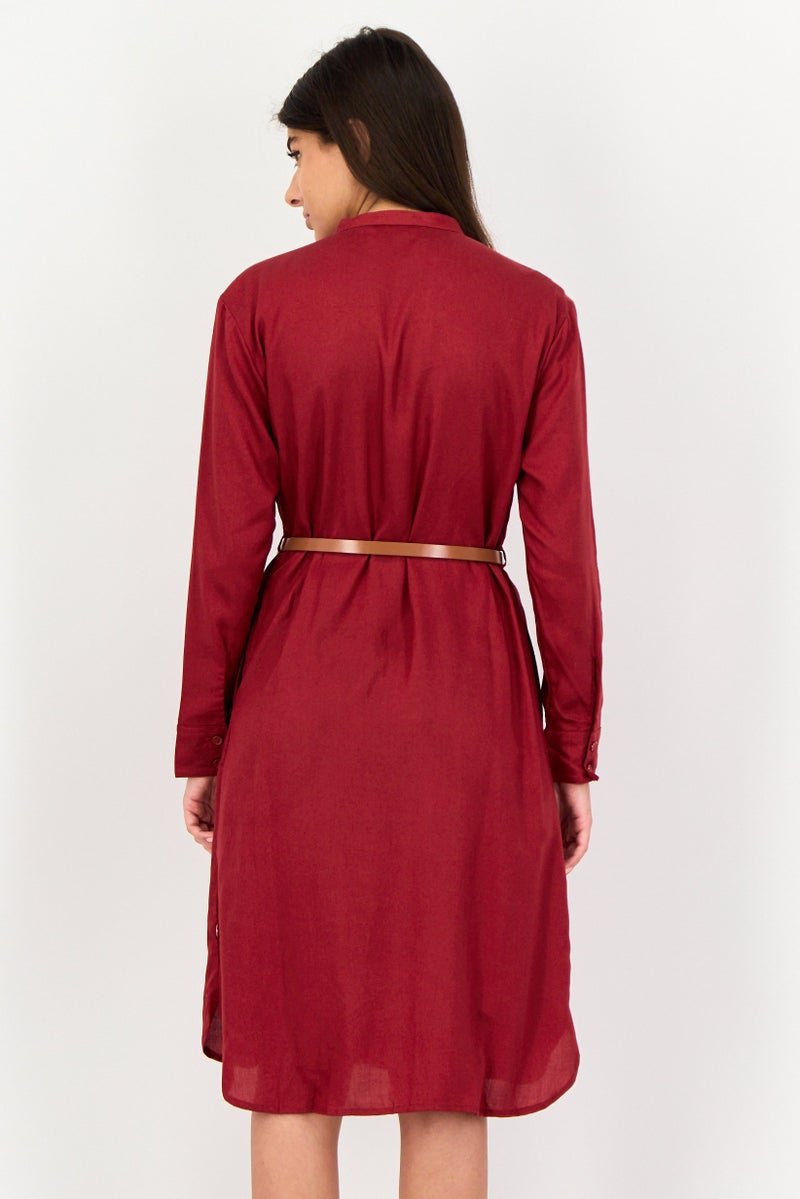 Levi's Women Solid Belted Shirt Dress, Dark Red - Image 3