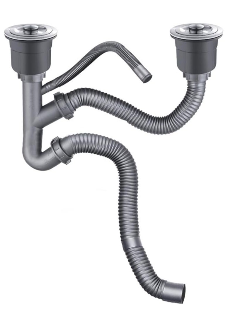 Rubik Kitchen Double Sink Drain Pipe Kit with Strainer and Overflow Pipe  - Image 1