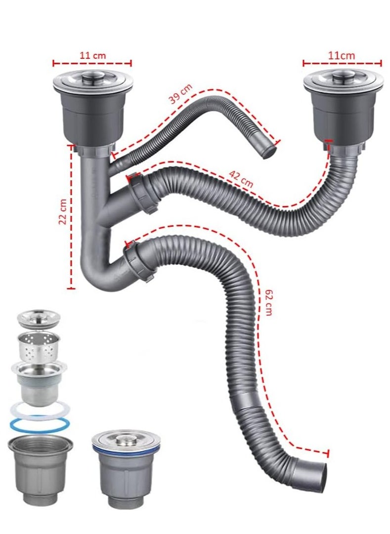 Rubik Kitchen Double Sink Drain Pipe Kit with Strainer and Overflow Pipe  - Image 2