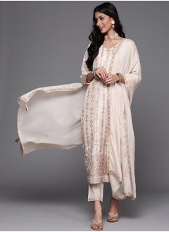 Libas Silk Blend Zari Work Kurta and Solid Trouser with Chiffon Embellished Dupatta Set by Styli  - Image 1