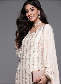 Libas Silk Blend Zari Work Kurta and Solid Trouser with Chiffon Embellished Dupatta Set by Styli  - Image 2