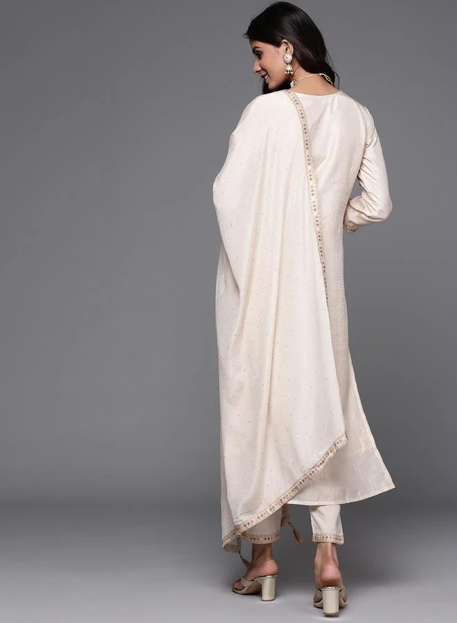 Libas Libas Silk Blend Zari Work Kurta and Solid Trouser with Chiffon Embellished Dupatta Set